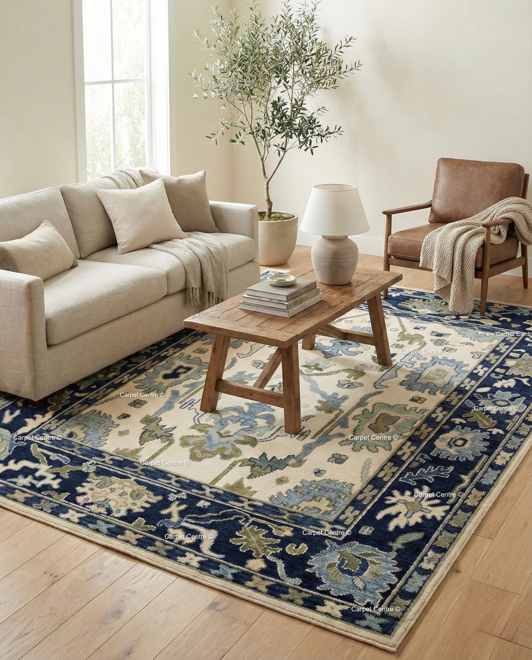 Hand Knotted Wool Oushak Rug | Navy, Cream, and Sage