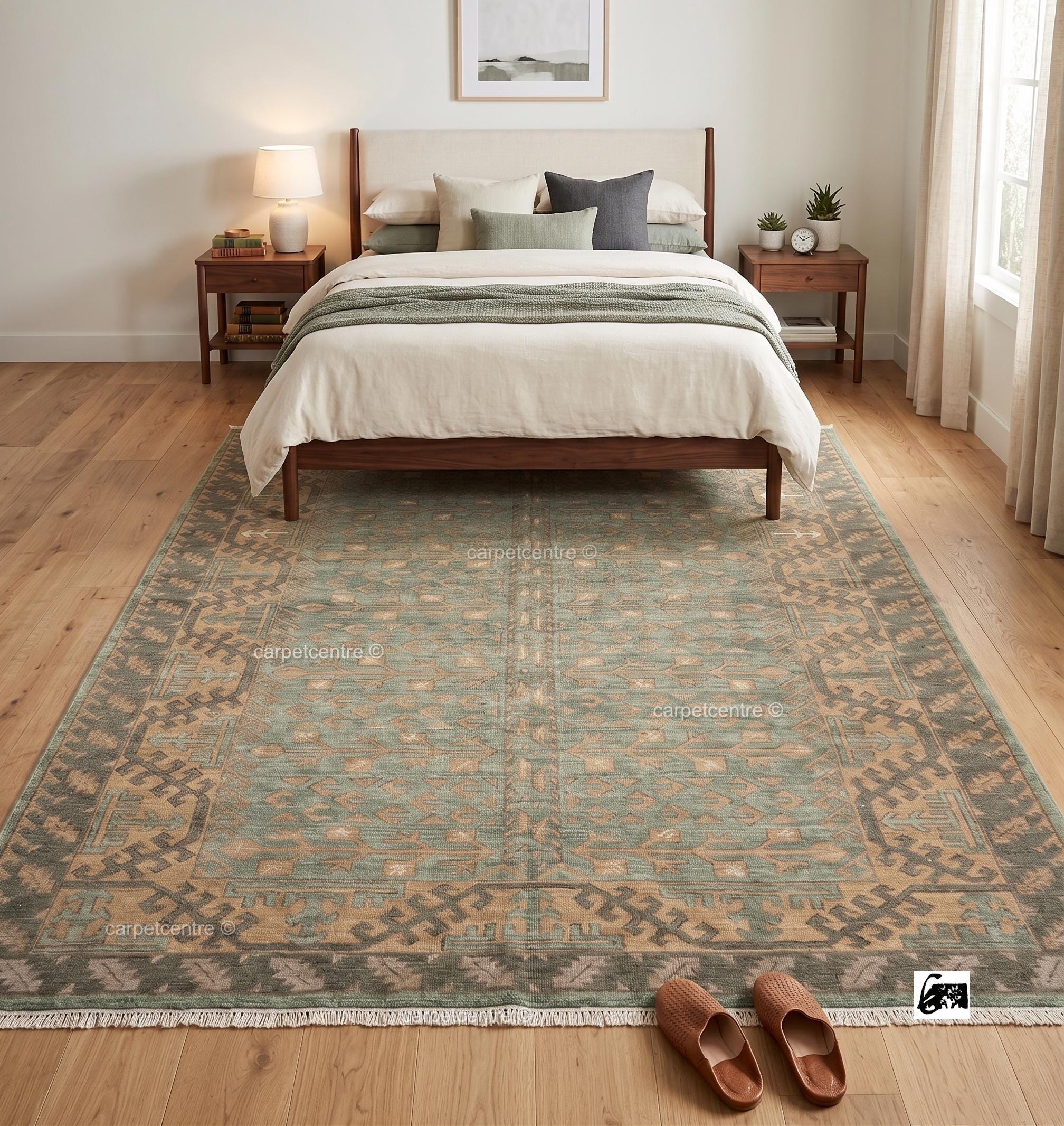 Hand Knotted Oushak Rug: Sage Green Tribal Wool, Turkish Artisan Design