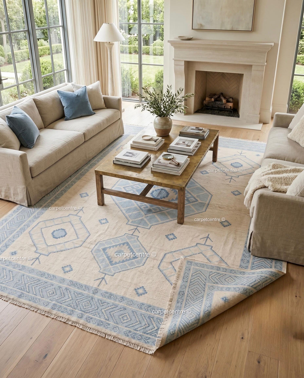 Hand-Knotted Wool Oushak Rug | Light Blue Cream Coastal Geometric Tribal Carpet