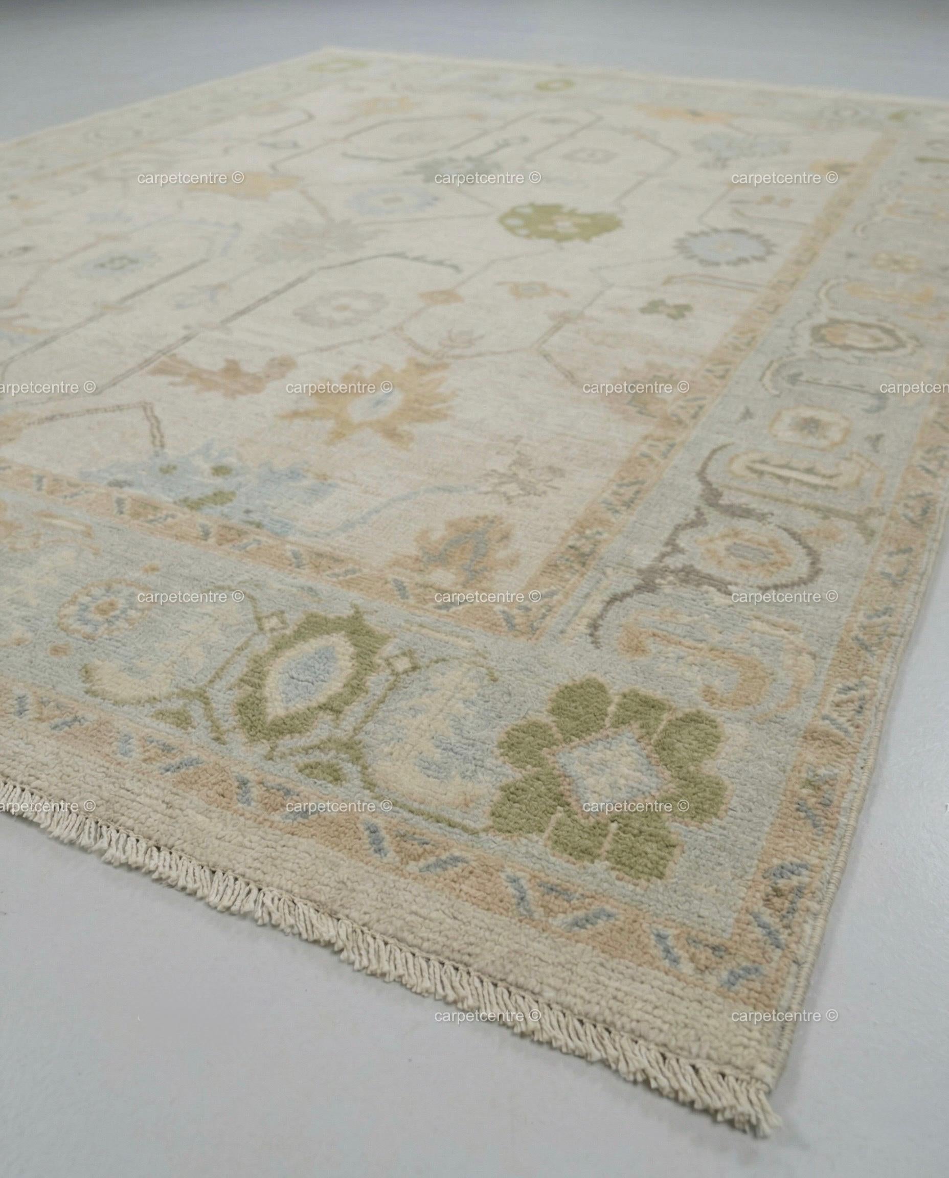 Hand-Knotted Wool Oushak Rug | Muted Sage, Sky Blue, Pastel Tones | 8x10 Area Rug