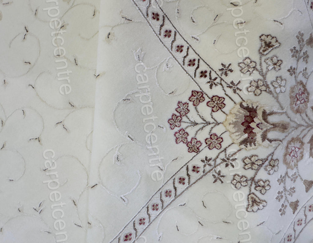 Handwoven Wool Art Silk Rug: Ivory Floral Border (11'3" x 8'3")