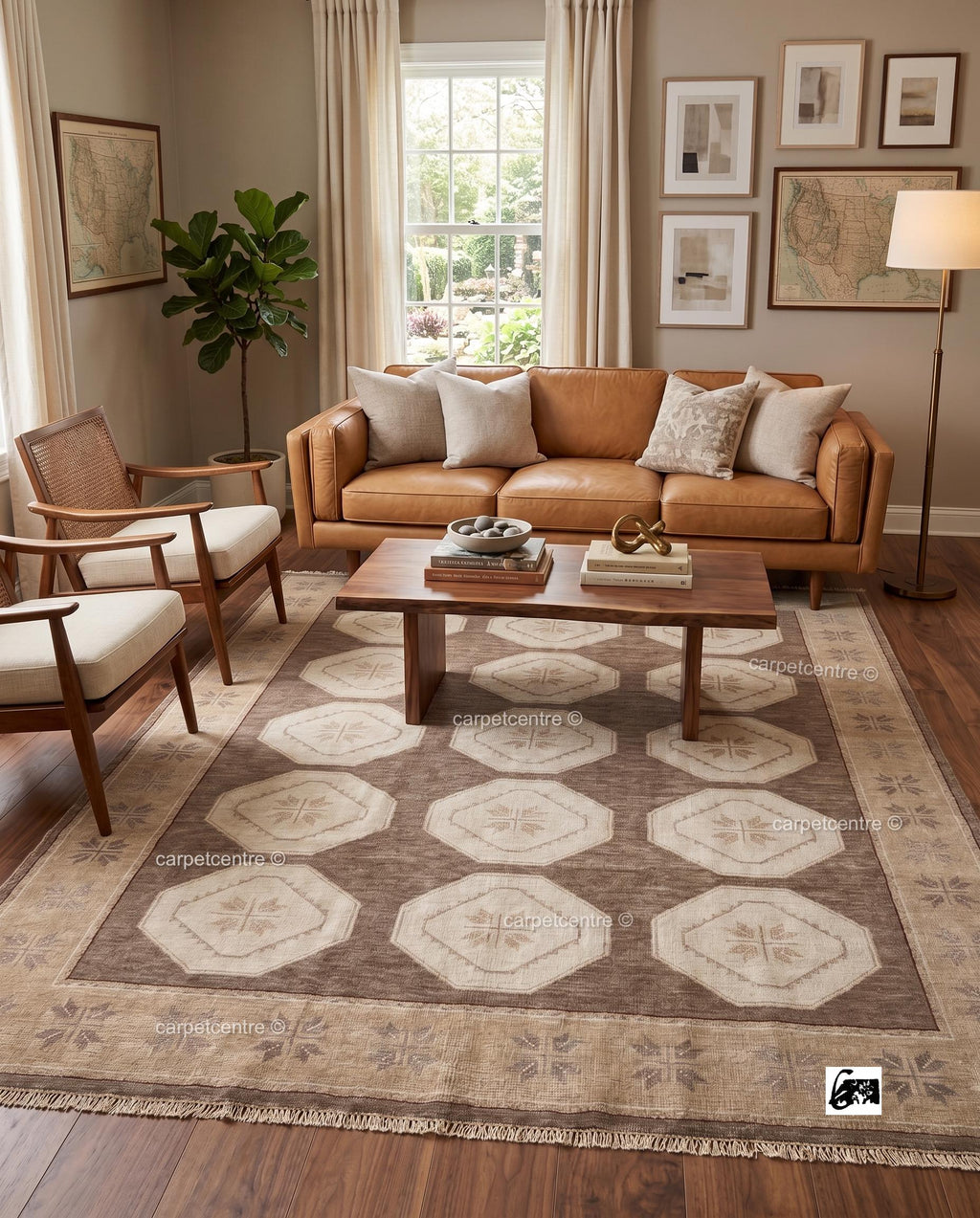 Hand Knotted Oushak Rug | Brown Geometric Wool Carpet | Turkish Tribal Area Rug