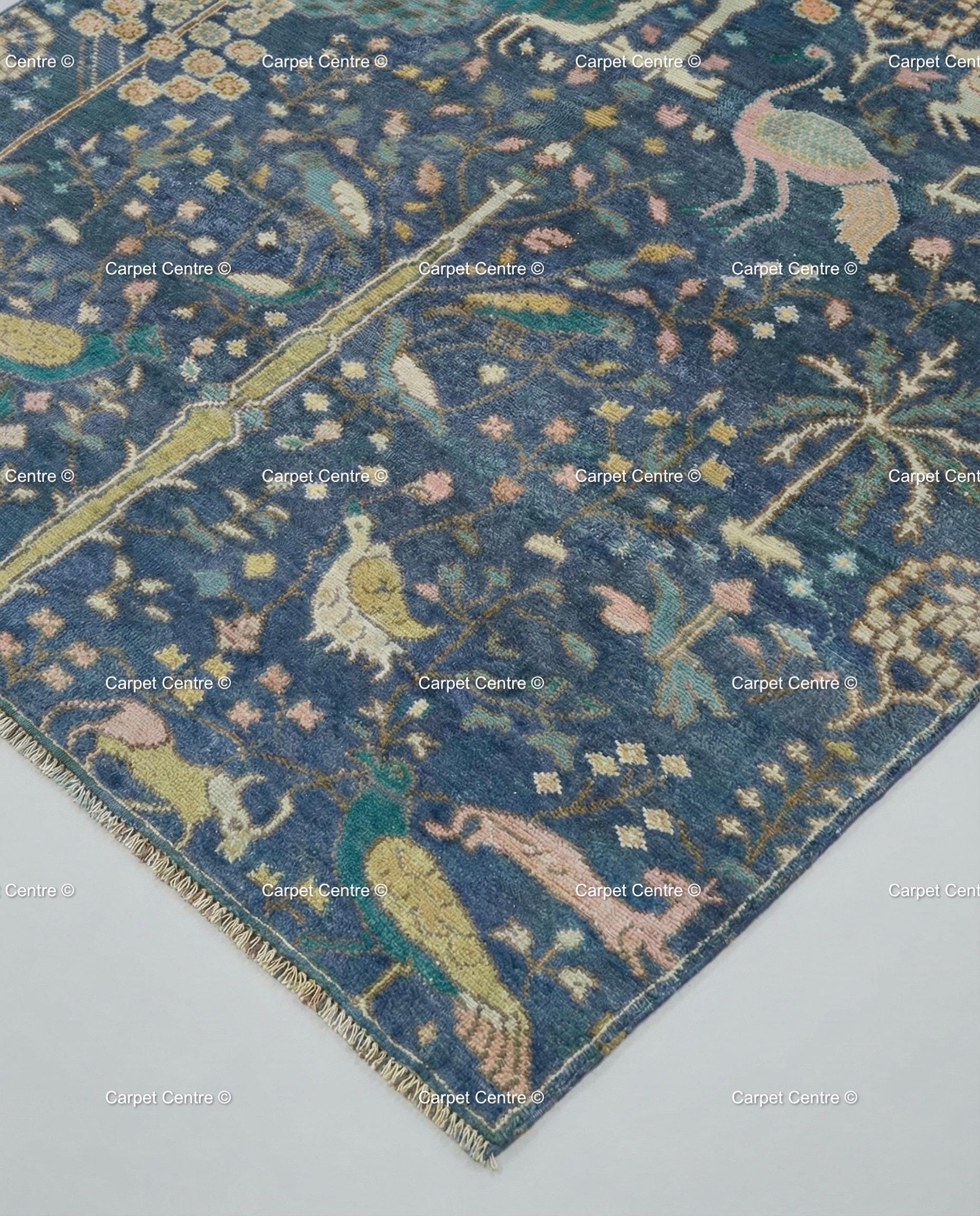 Navy Oushak Wool Rug, Hand-Knotted Tree of Life Animal Design, Boho Decor