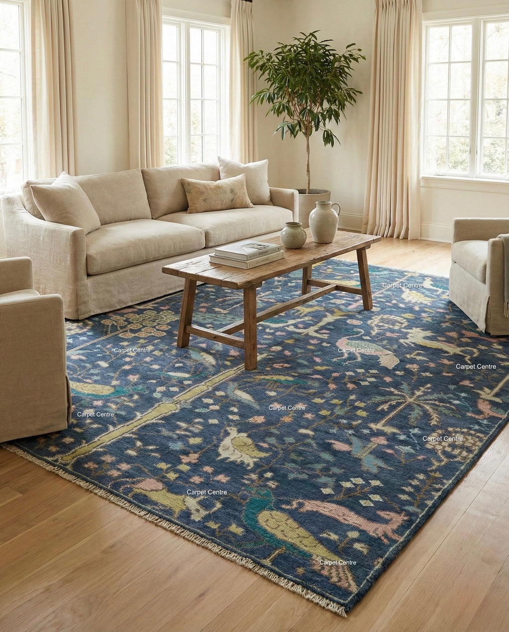 Navy Oushak Wool Rug, Hand-Knotted Tree of Life Animal Design, Boho Decor
