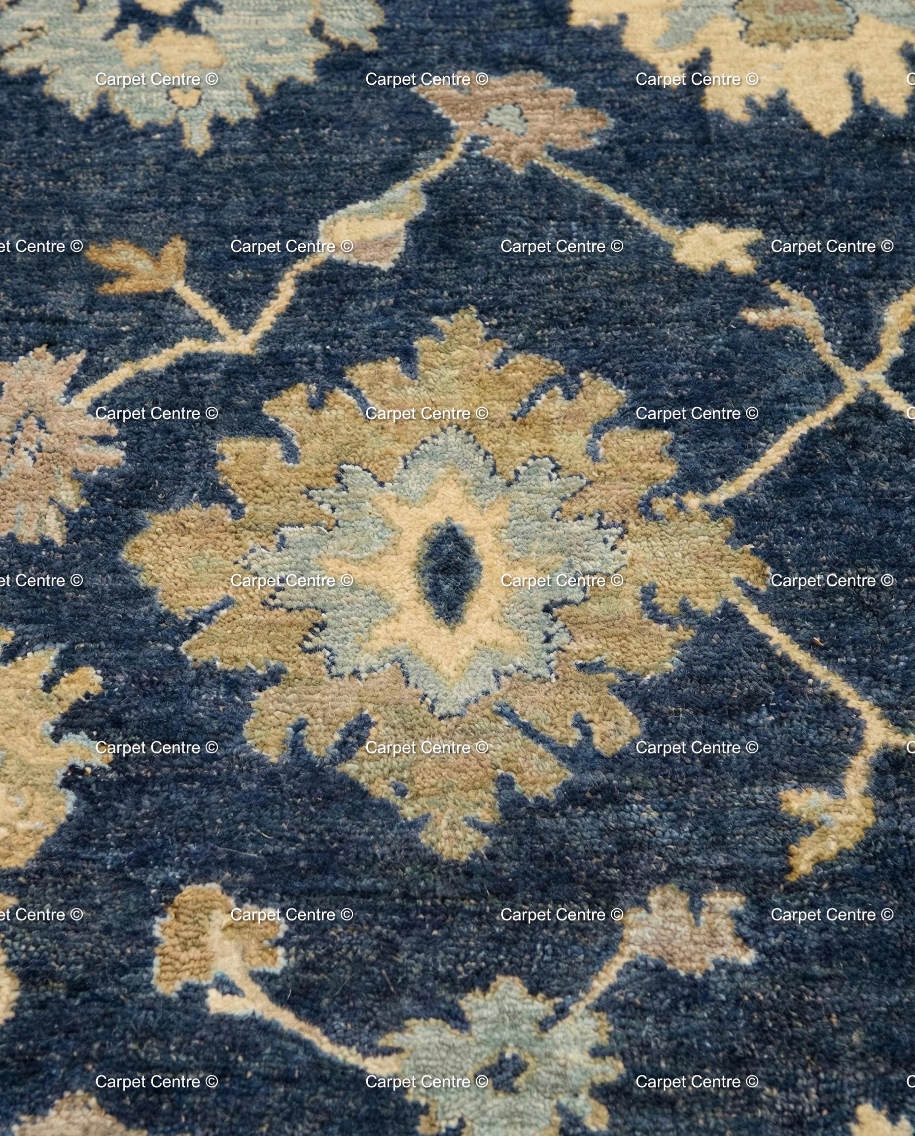Hand-Knotted Navy Oushak Rug, Wool Floral Turkish Carpet, Traditional Living Room Decor
