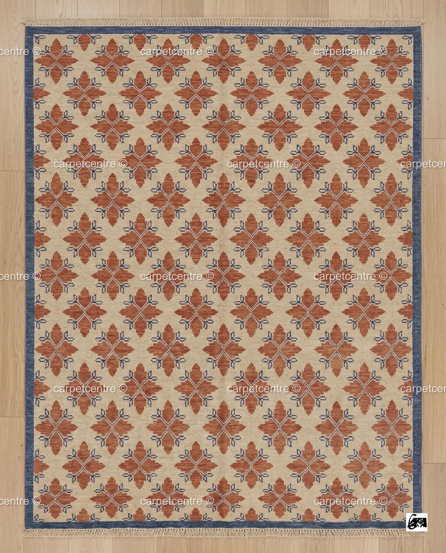 Handmade Wool Oushak Rug, Geometric Boho Turkish Carpet, Burnt Orange Beige Blue