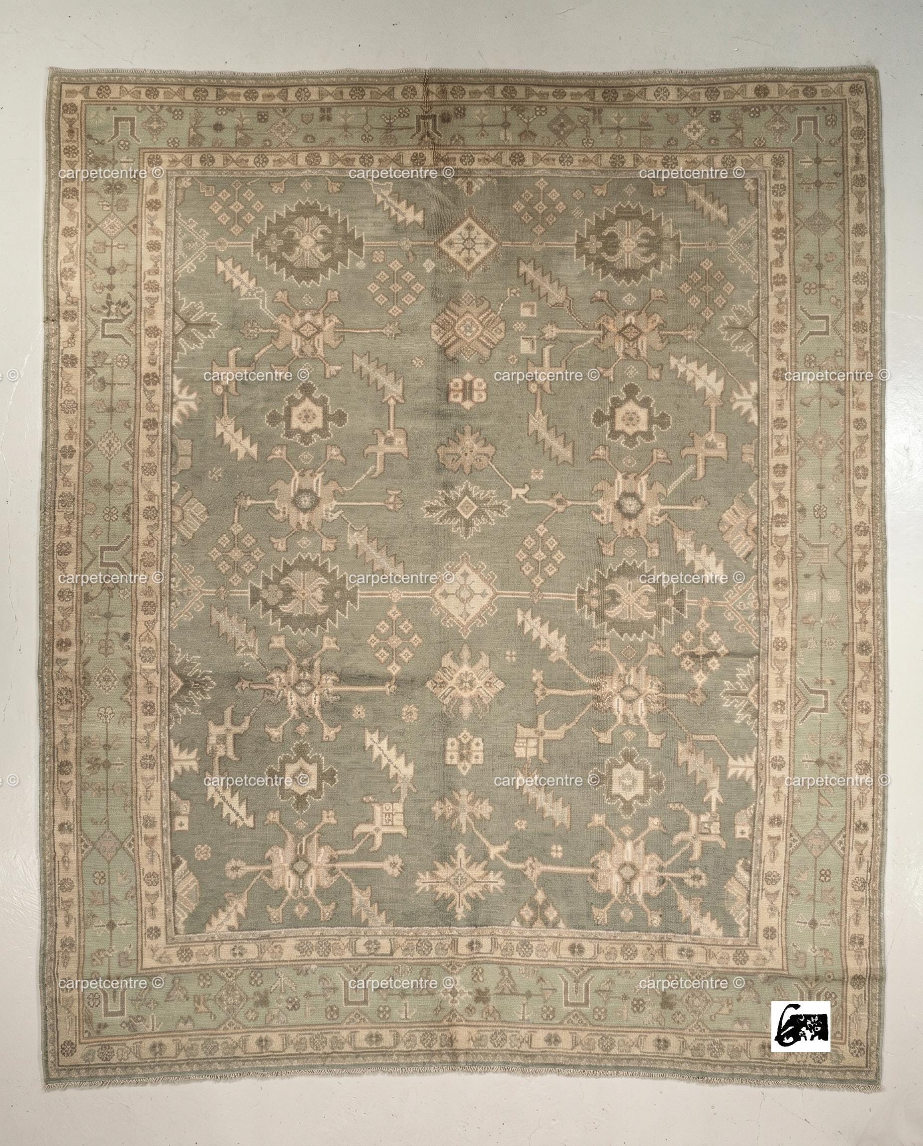Sage Green Oushak Rug: Hand Knotted New Zealand Wool Carpet, Turkish Design