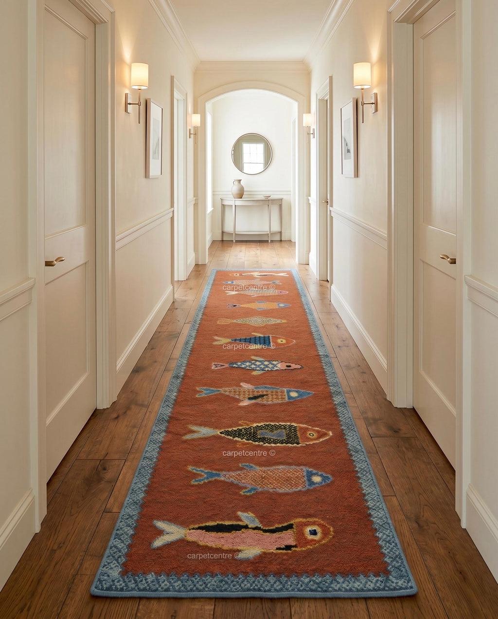 Hand-Knotted Wool Fish Runner Rug: Oushak Pictorial Coastal Style Area Carpet