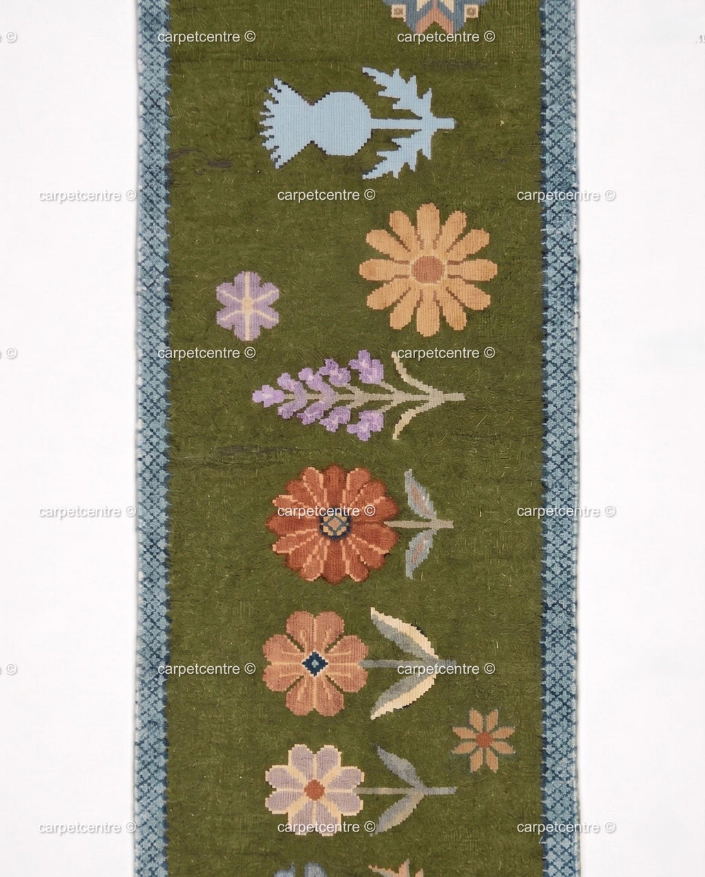 Handmade Wool Runner Rug – Olive Green Wildflower Botanical Carpet (Custom Sizes)