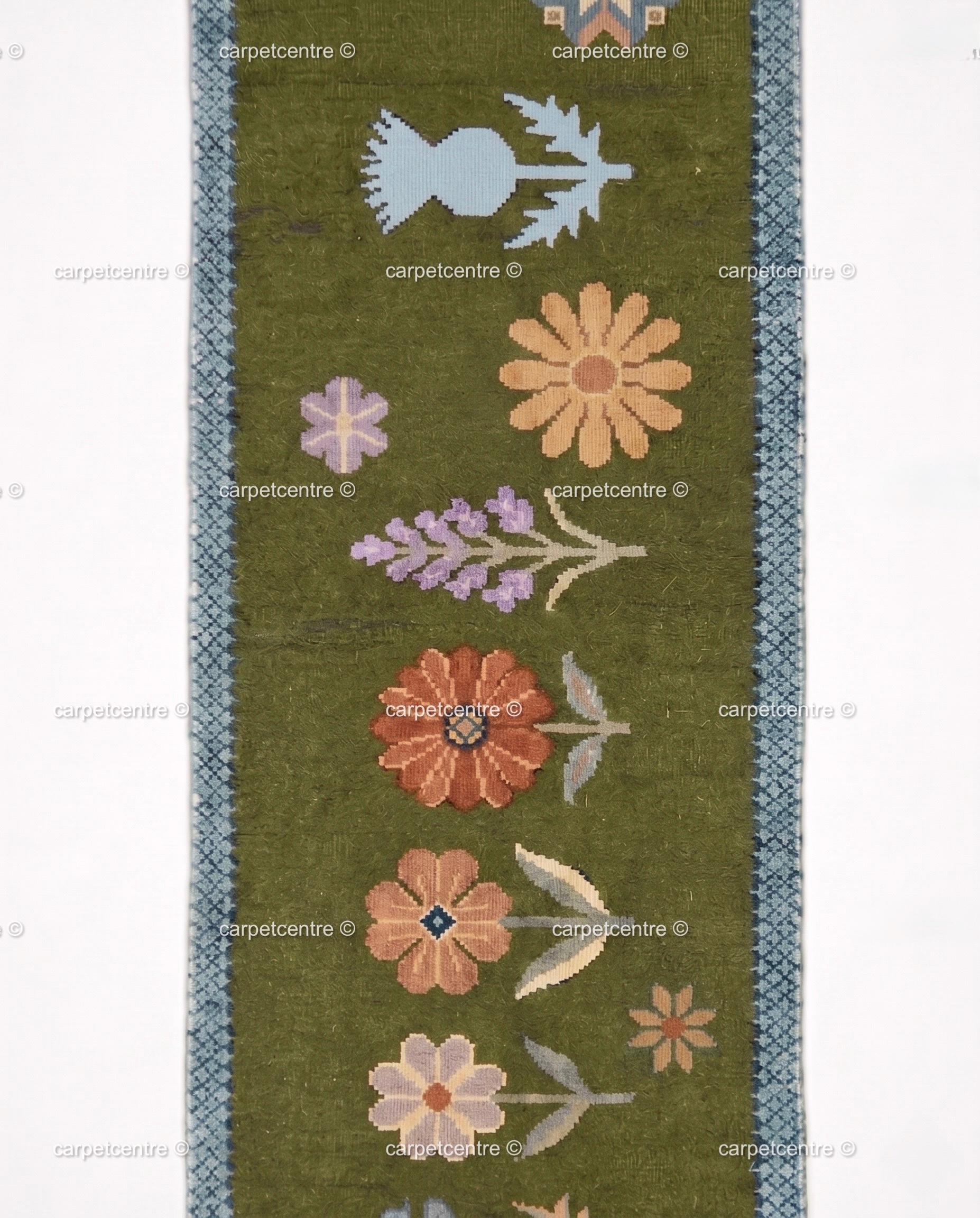 Handmade Wool Runner Rug – Olive Green Wildflower Botanical Carpet (Custom Sizes)