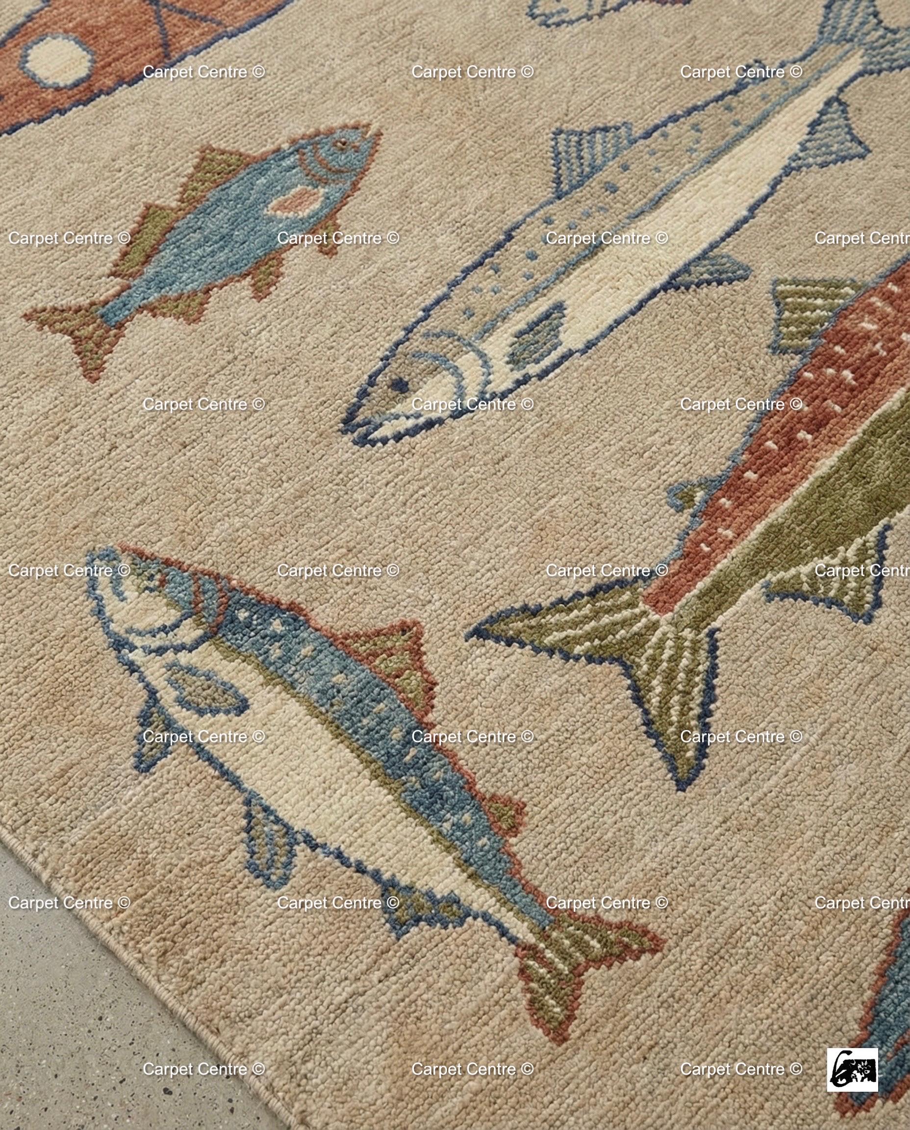 Hand-Knotted Turkish Wool Oushak Rug, Canoe & Fish Design