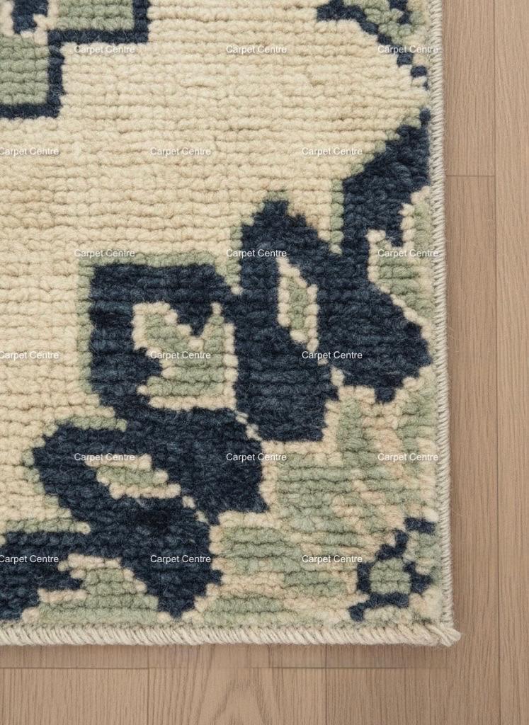 Handmade Ivory Oushak Wool Rug, Navy Blue & Sage Green Floral