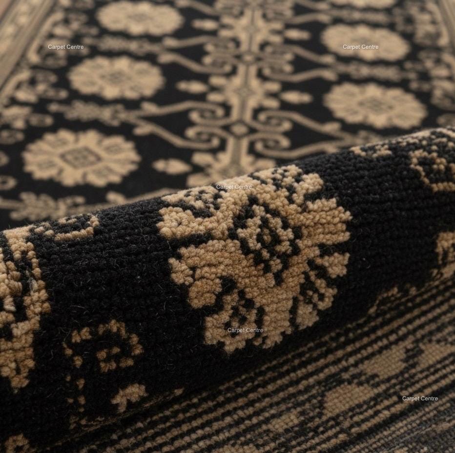 Hand-Knotted Wool Runner Rug, Black and Beige Floral Lattice, Oushak Quality