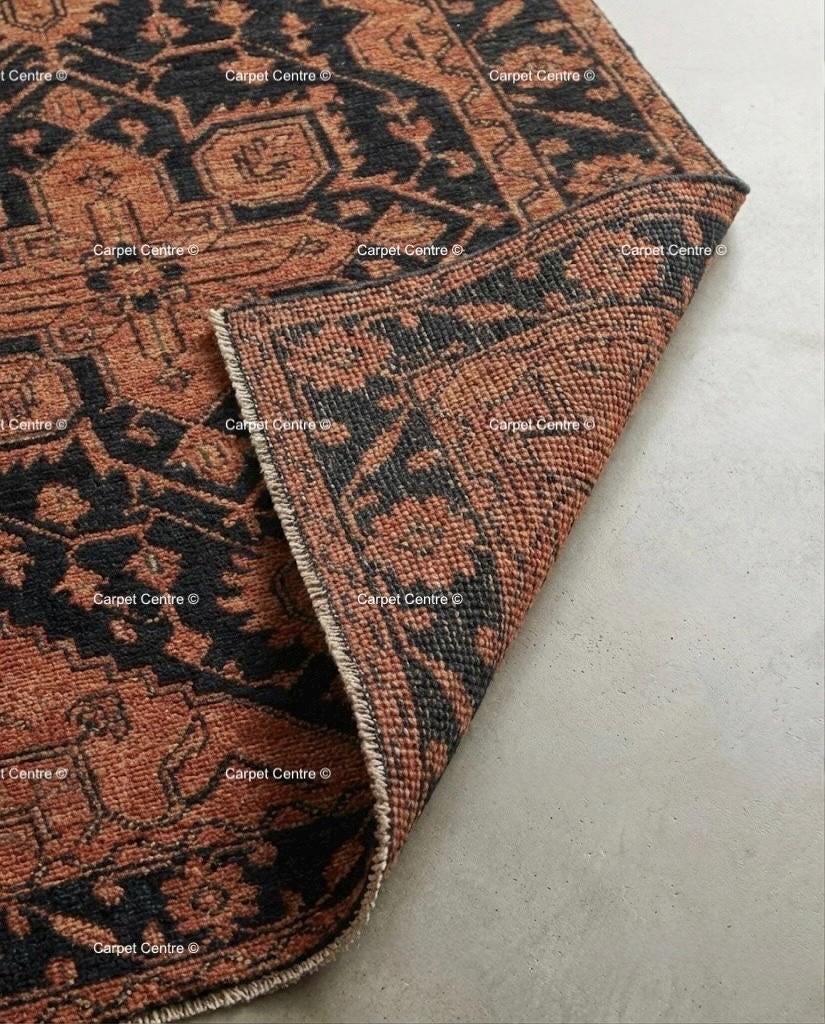 Handmade Oushak Wool Rug, Black and Rust Geometric Medallion