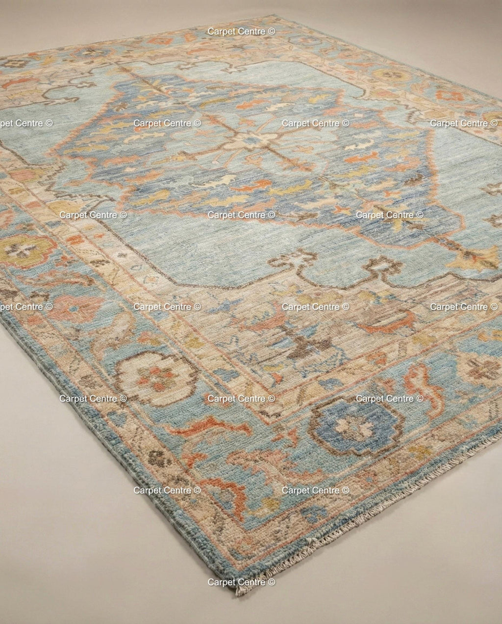Handmade Oushak Wool Rug, Blue & Coral Medallion, Turkish Knot