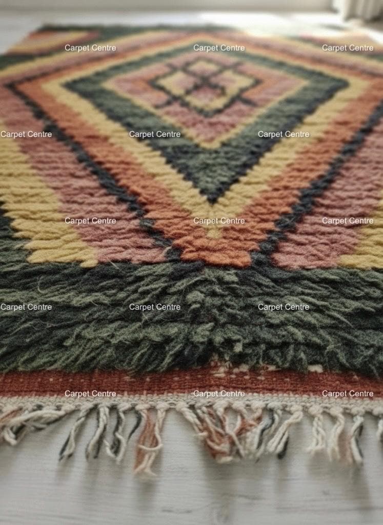 Green Moroccan Shag Rug, Hand-Knotted Wool, Geometric Diamond, Boho Style
