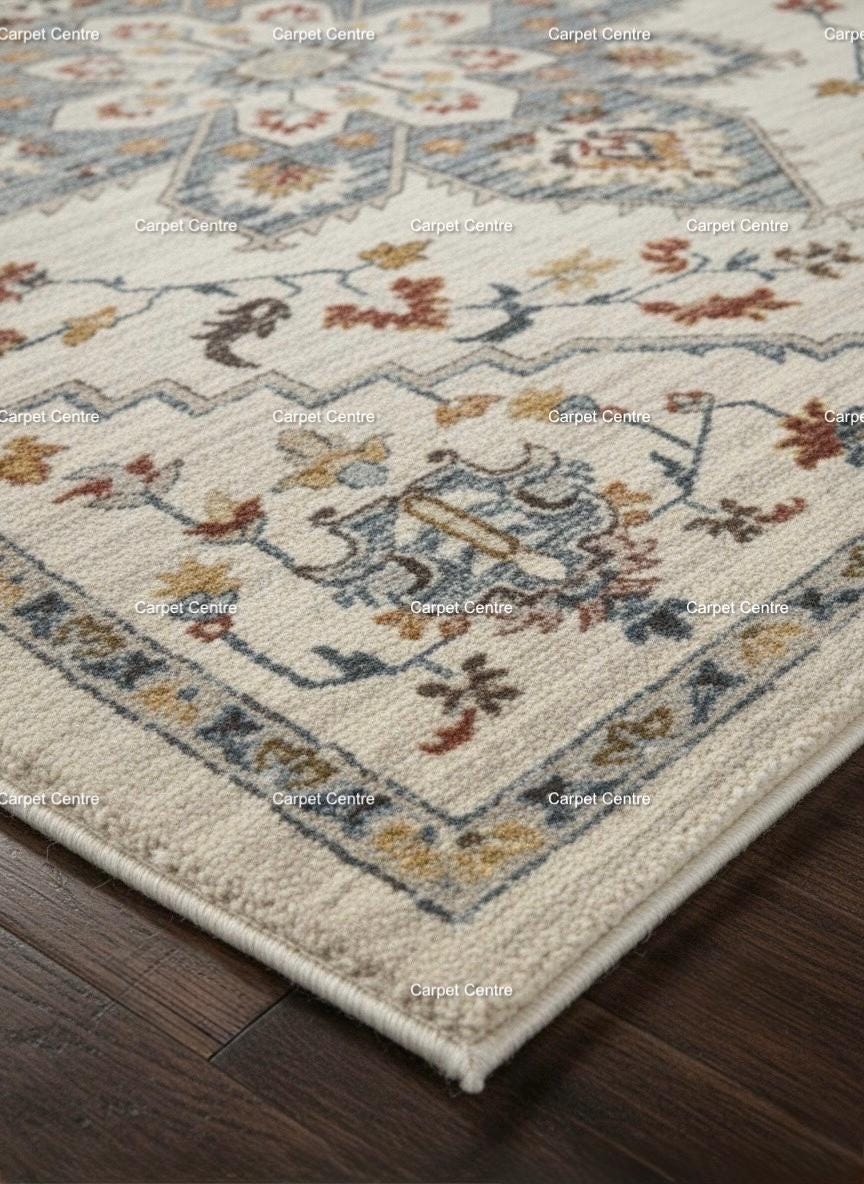 Hand-Knotted Wool Oushak Rug, Beige & Blue Medallion, Persian Style