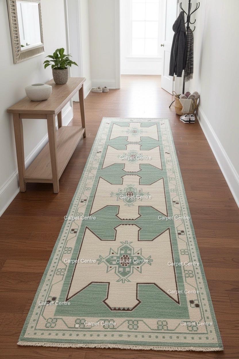 Hand Knotted Oushak Wool Runner Rug | Mint Green Geometric Design