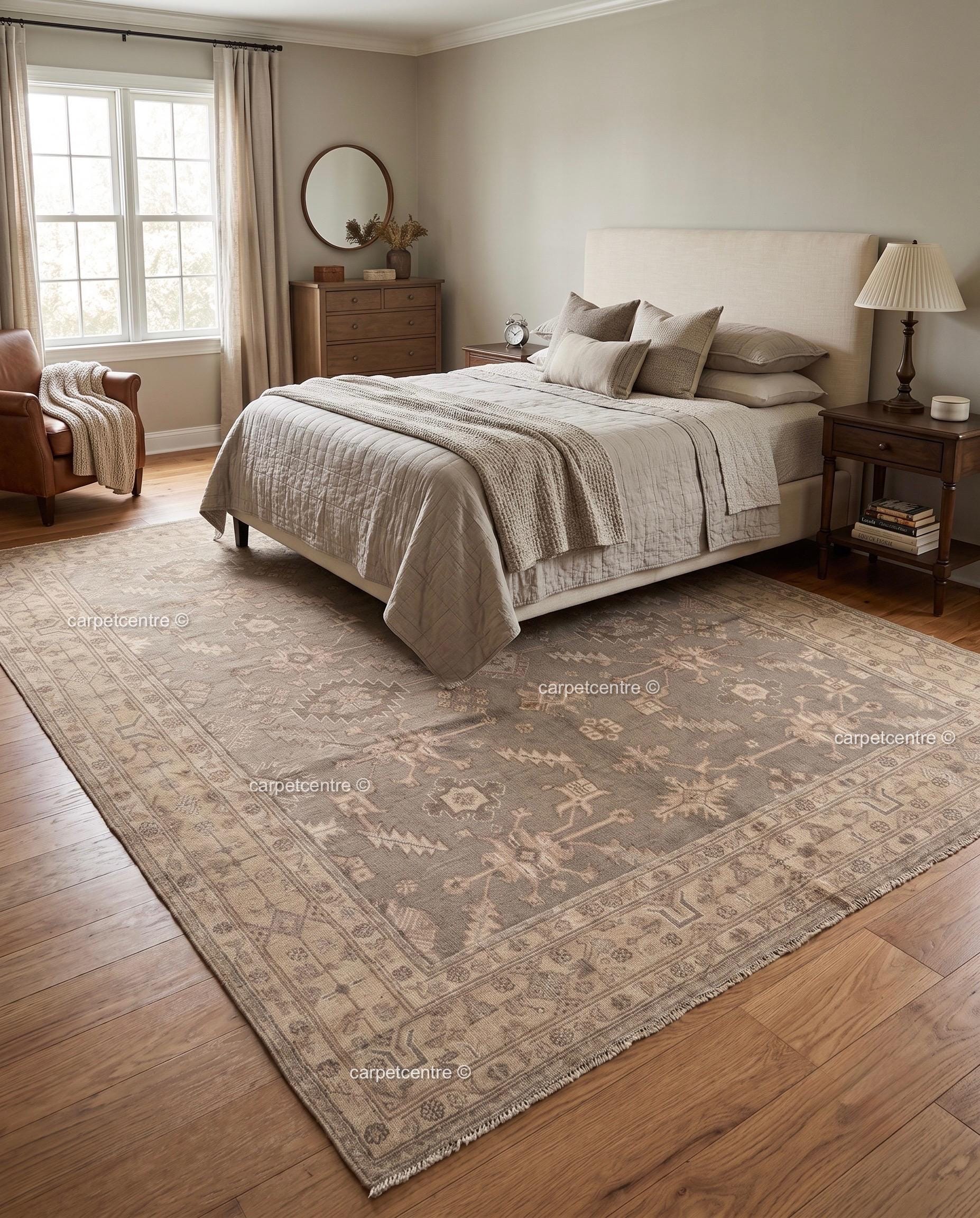 Hand Knotted Oushak Wool Rug, Taupe Beige Vintage Anatolian Carpet, Neutral Farmhouse Area Rug