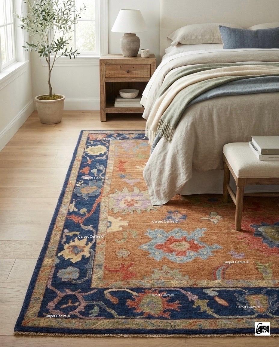 Hand Knotted Wool Oushak Rug – Rust Orange & Navy, Turkish Knot
