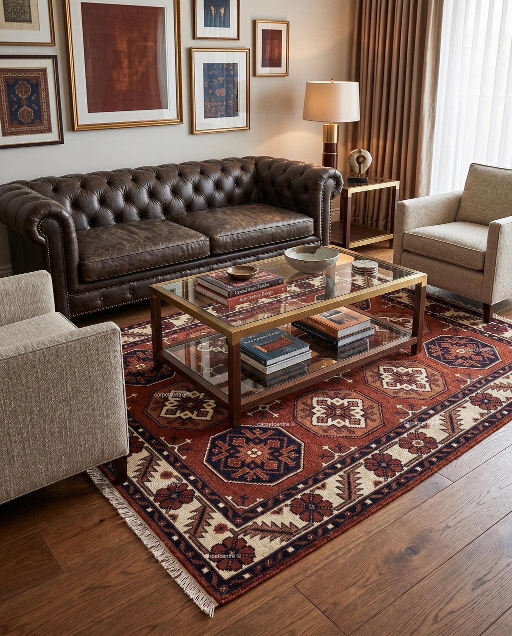 Terracotta Hand Knotted Wool Oushak Rug, Tribal Geometric Area Rug, Turkish Knot Decor