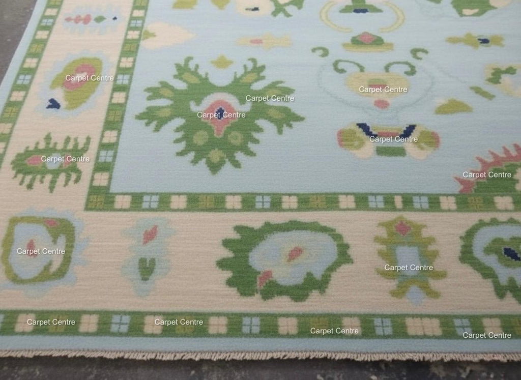 Handmade Oushak Wool Rug: Aqua Blue & Sage Green, Abstract Design