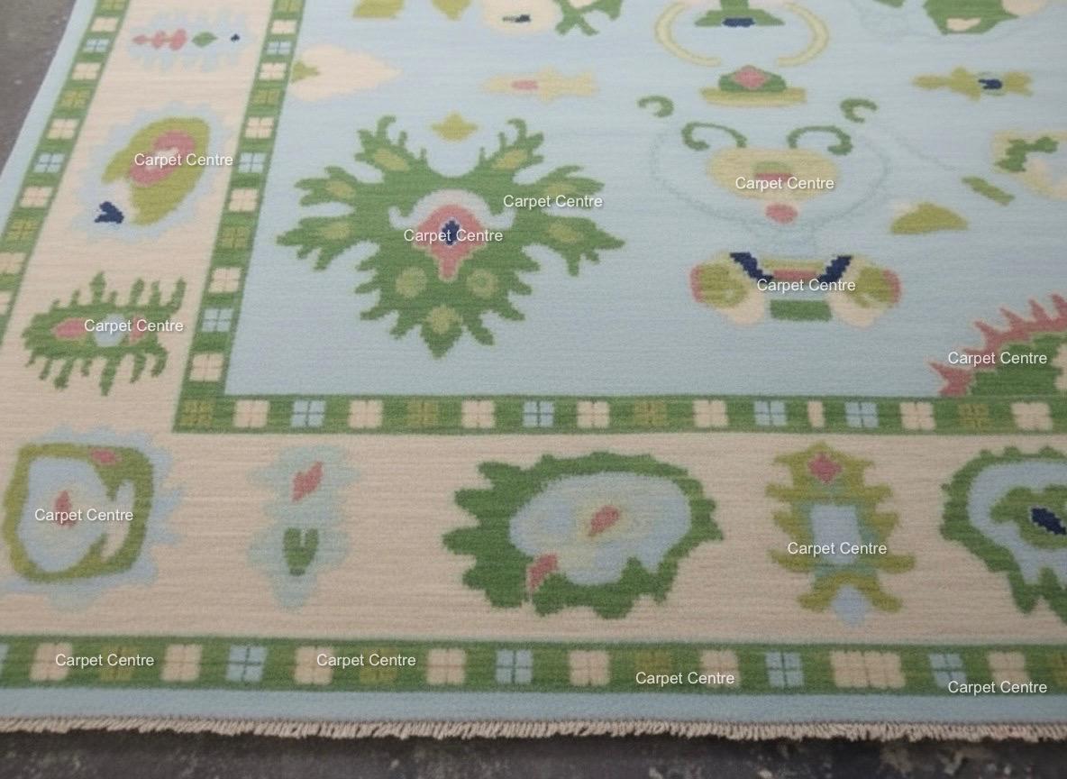 Handmade Oushak Wool Rug: Aqua Blue & Sage Green, Abstract Design