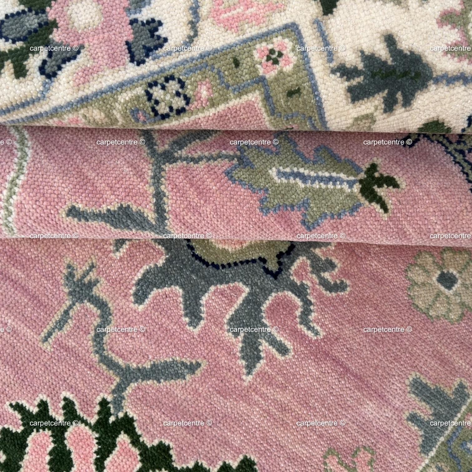 Hand Knotted Pink Oushak Rug: New Zealand Wool Floral Area Rug