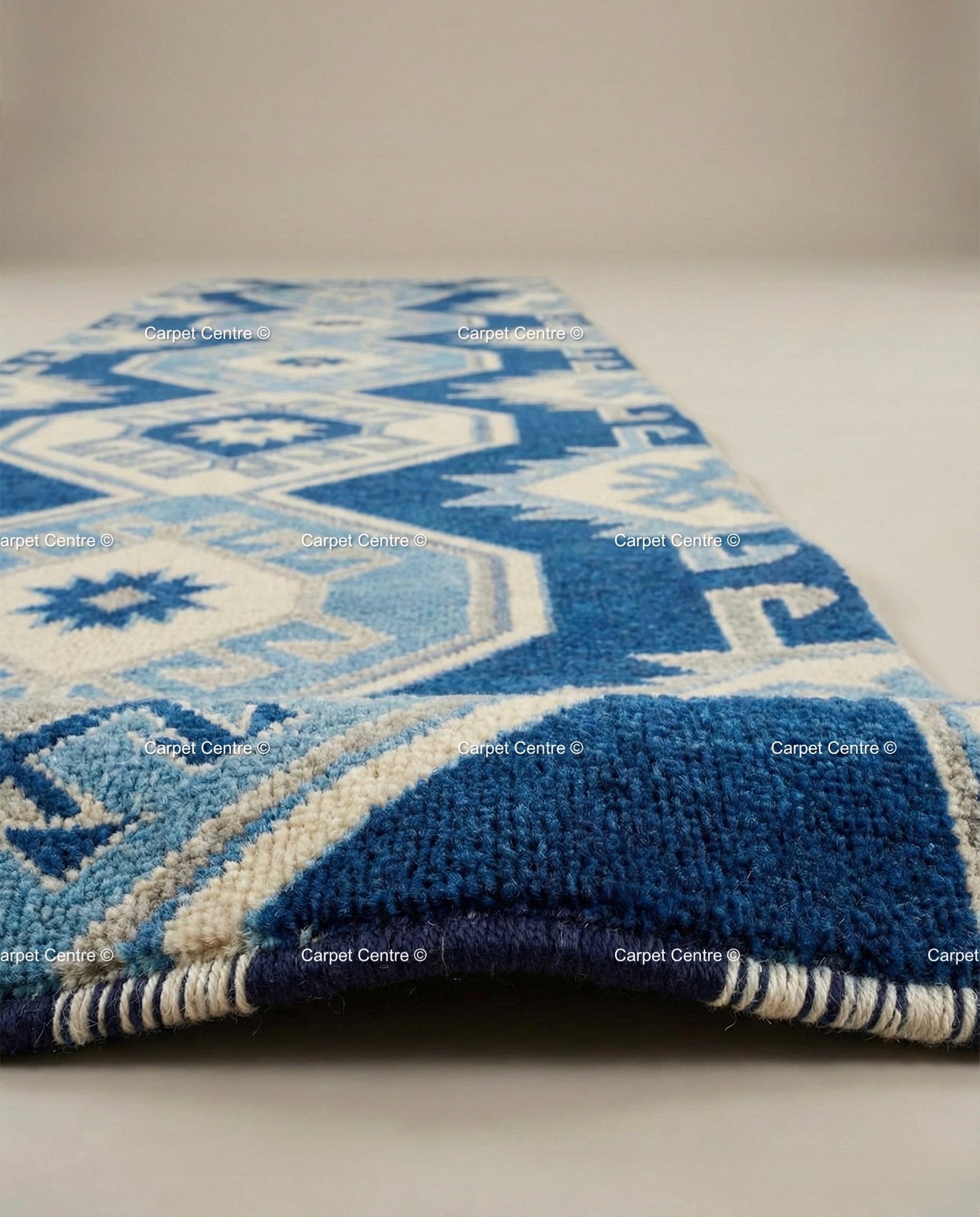 Royal Blue Wool Runner Rug, Hand-Knotted Oushak, Coastal Greek Star