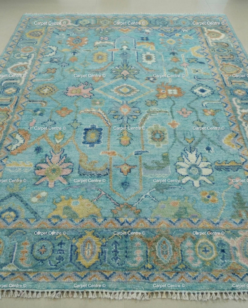 Turquoise Oushak Rug, Hand-Knotted Wool, Southwestern Boho Decor