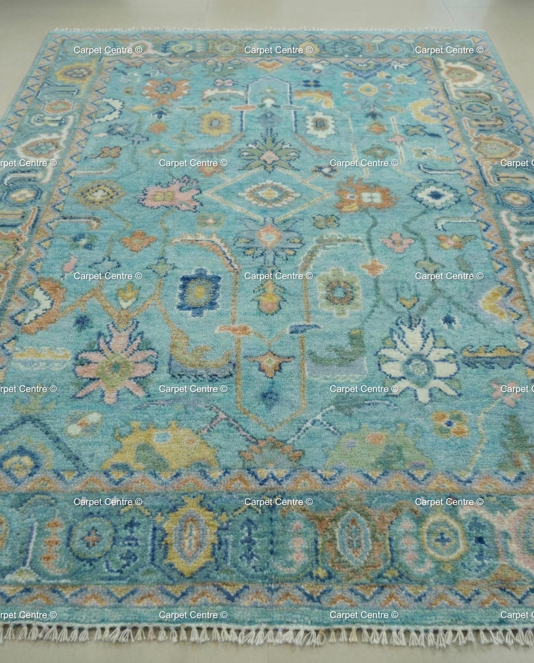 Turquoise Oushak Rug, Hand-Knotted Wool, Southwestern Boho Decor
