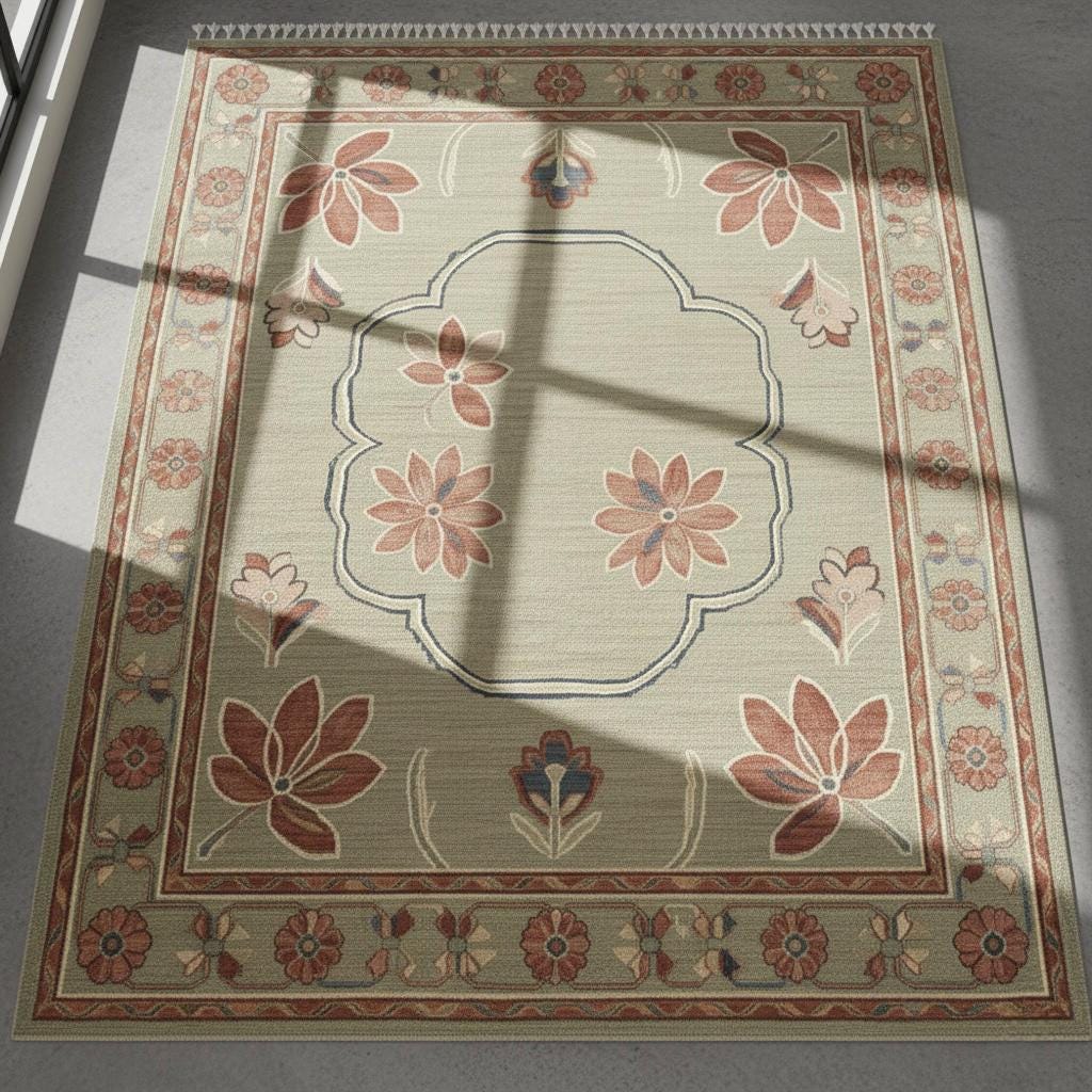 Handwoven Oushak Wool Rug: Sage Green Rust Floral