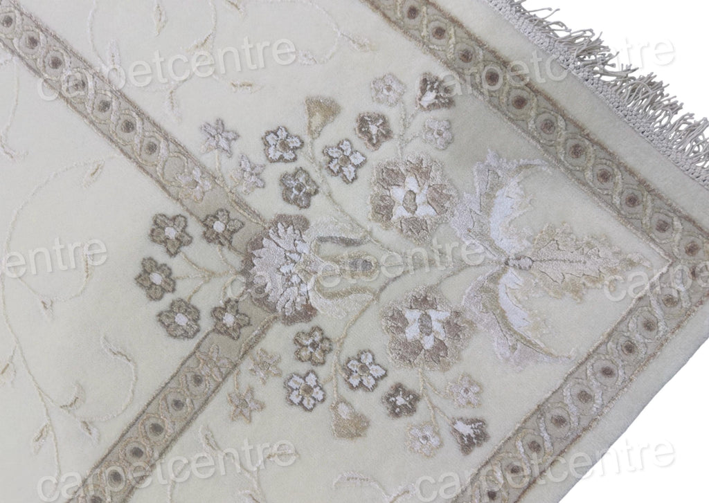 Handwoven Ivory Wool Rug: Vintage Persian Floral Art Silk