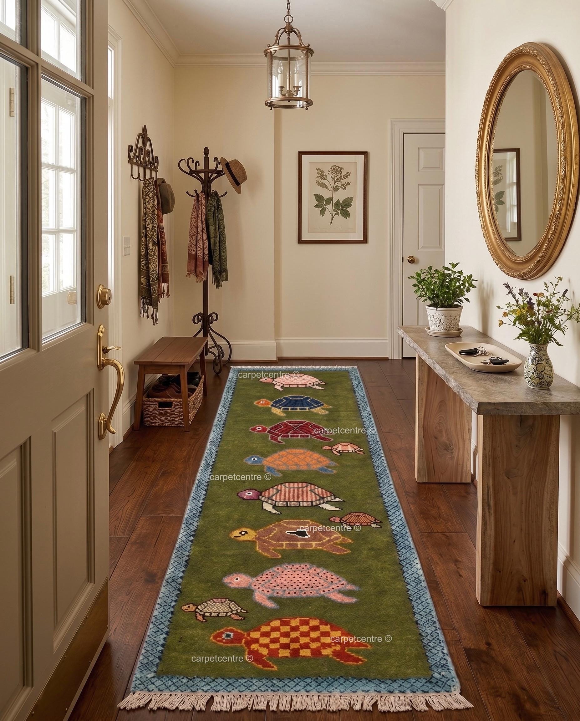 Handmade Wool Turtle Runner Rug – Olive Green Tortoise Design Hallway Carpet