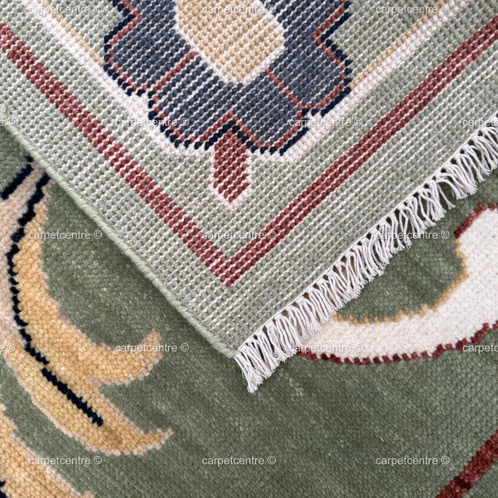 Hand-Knotted Sage Green Oushak Rug | Traditional Turkish Wool Medallion Carpet