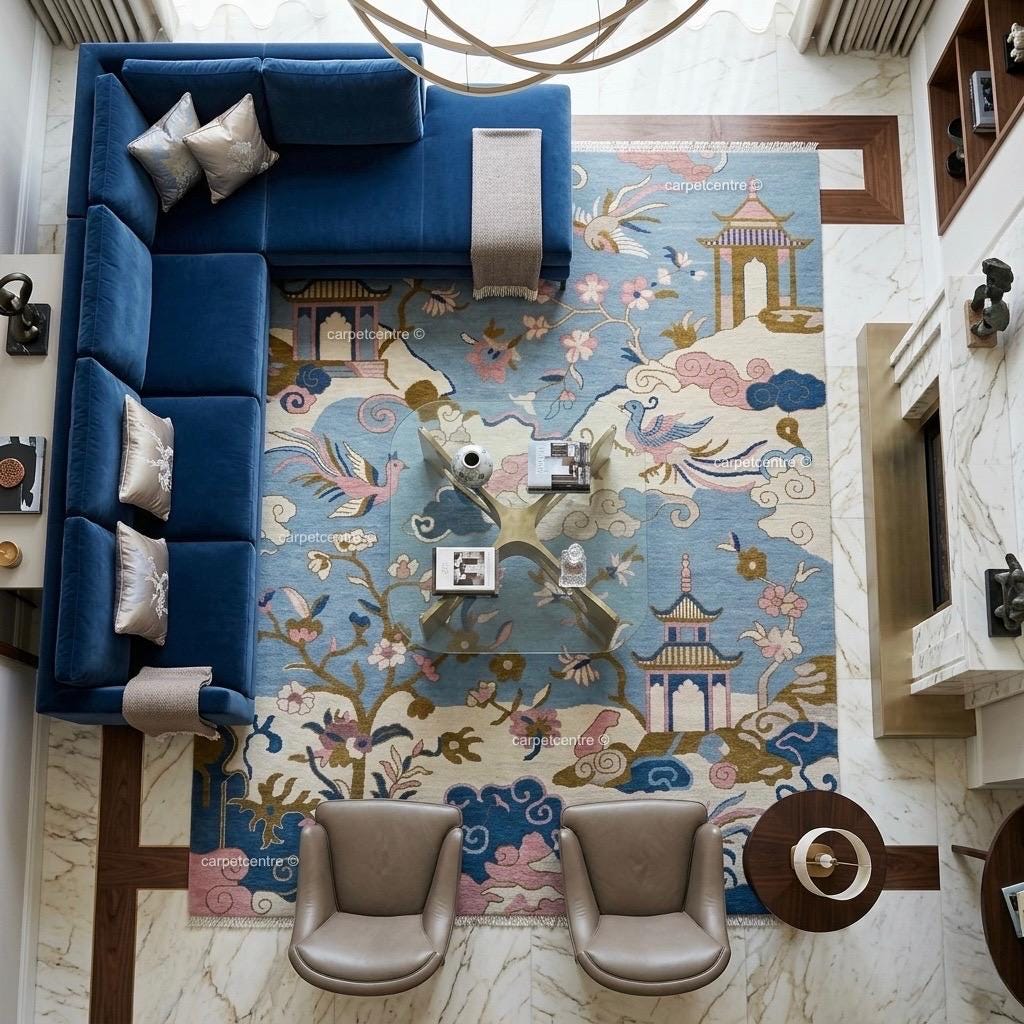 Sky Blue Chinoiserie Wool Rug,8x10 9x12 Hand-Knotted Turkish Living Room Bedroom Decor