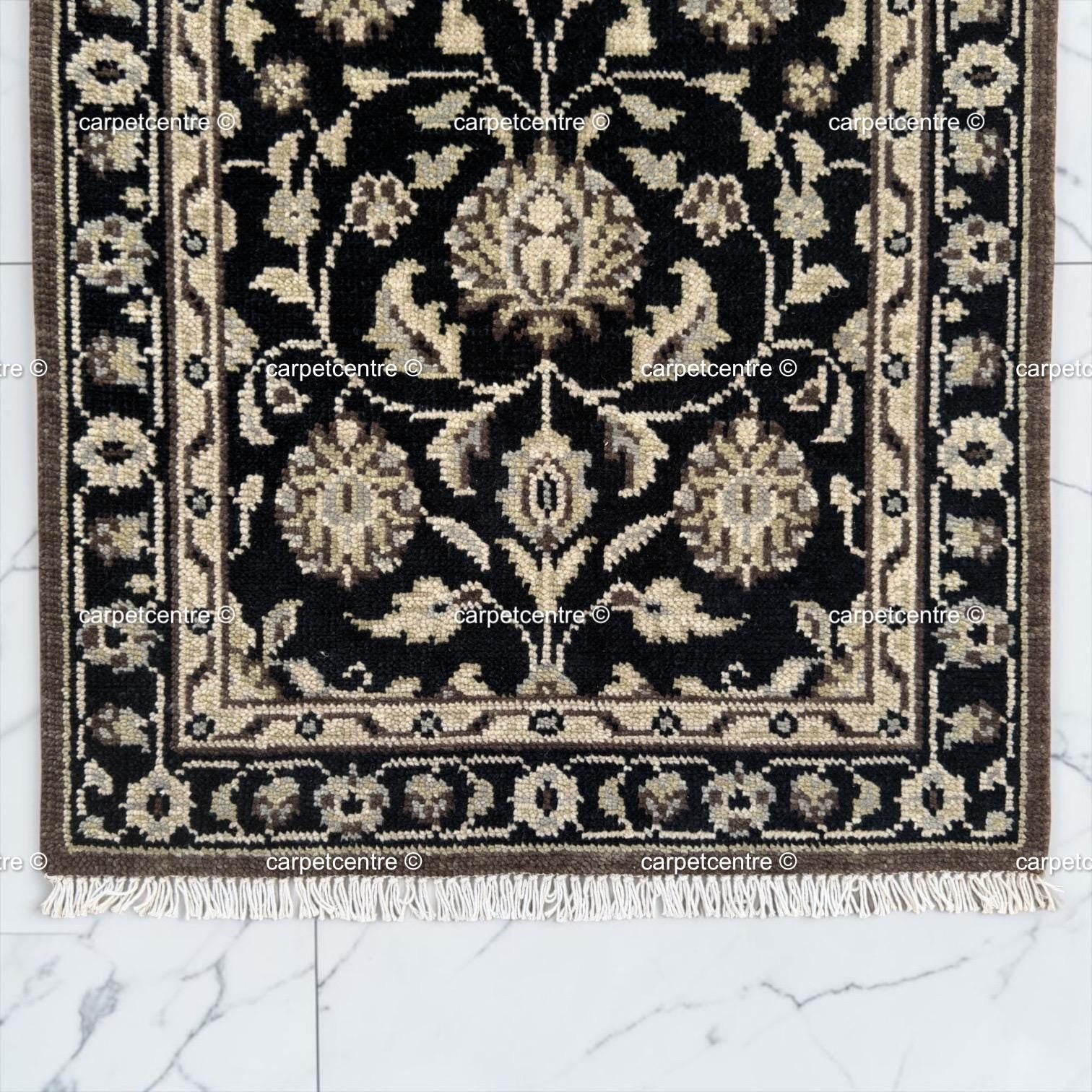 Handmade Oushak Wool Runner Rug, Black and Gold Floral Design Hallway Entryway Runner