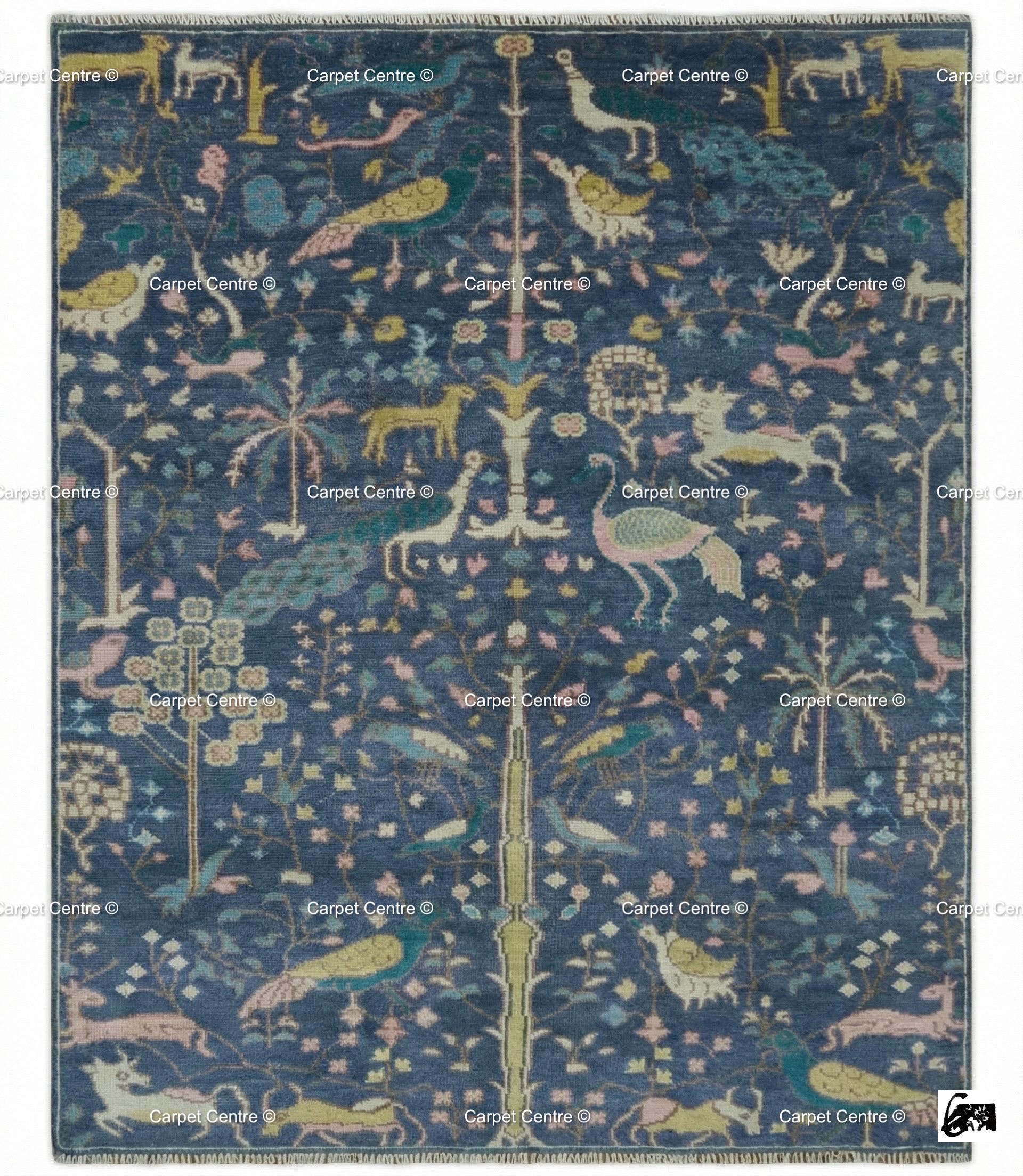 Navy Oushak Wool Rug, Hand-Knotted Tree of Life Animal Design, Boho Decor