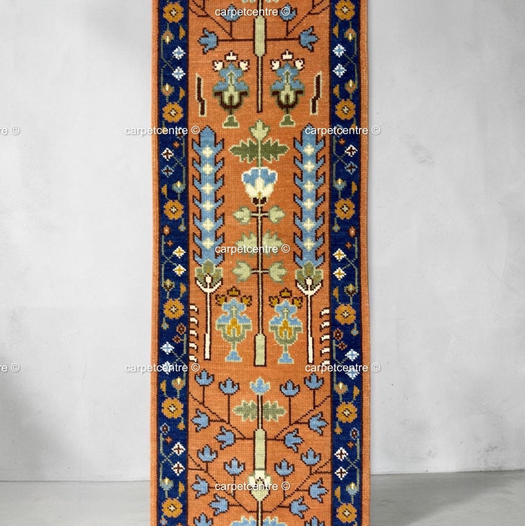 Hand-Knotted Wool Oushak Runner, Terracotta Tree of Life, Navy Border Hallway Rug