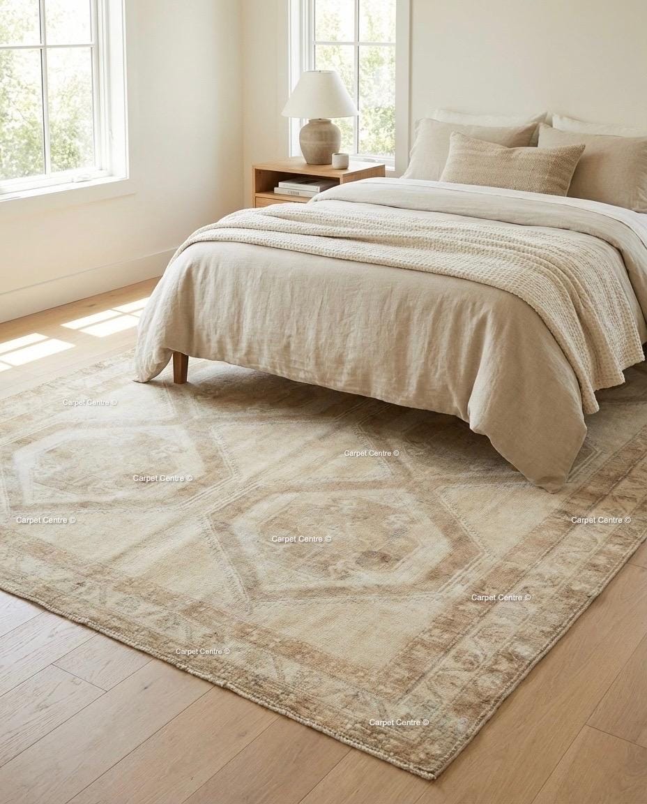 Hand-Knotted Wool Oushak Rug, Neutral Geometric Vintage Style Living Room Decor