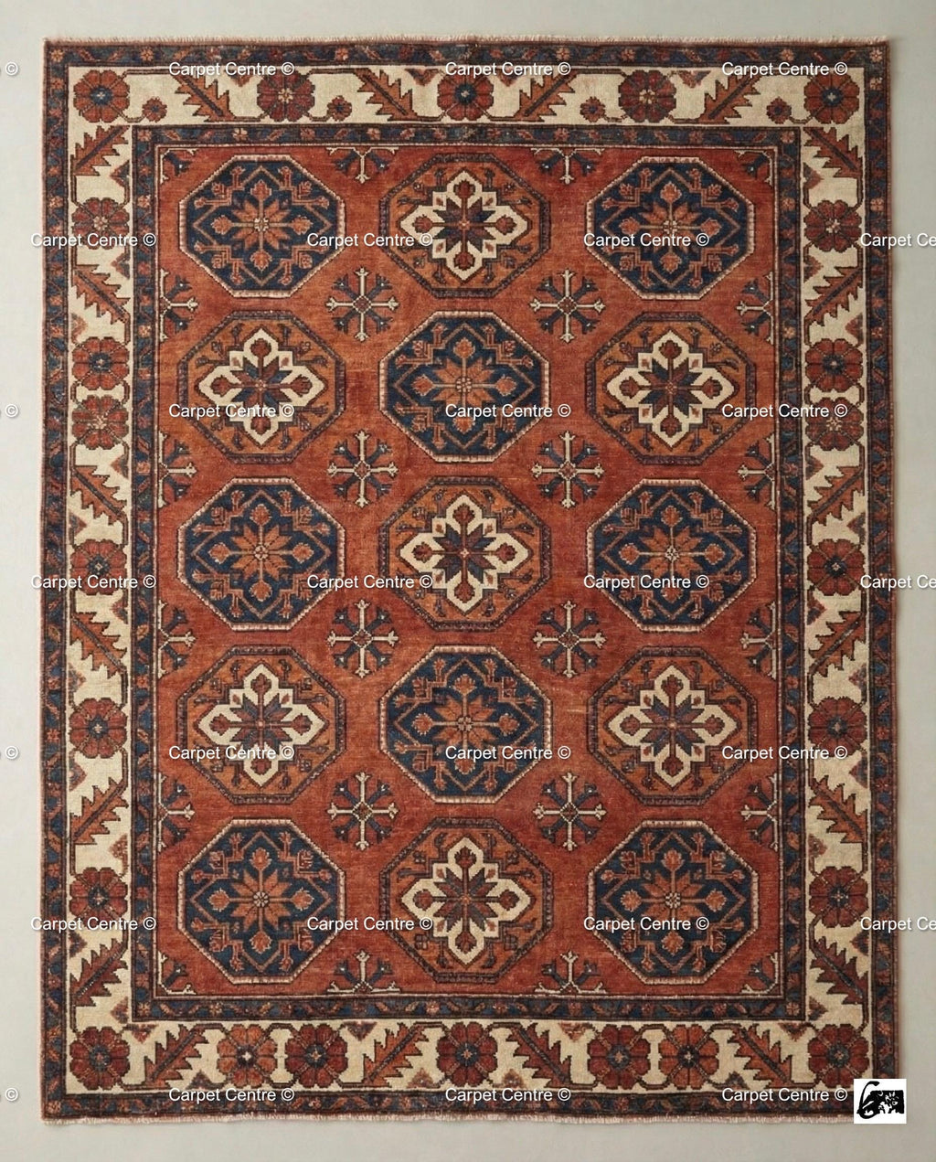 Hand Knotted Wool Oushak Rug, Terracotta Rust & Navy Geometric Carpet
