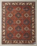 Hand Knotted Wool Oushak Rug, Terracotta Rust & Navy Geometric Carpet