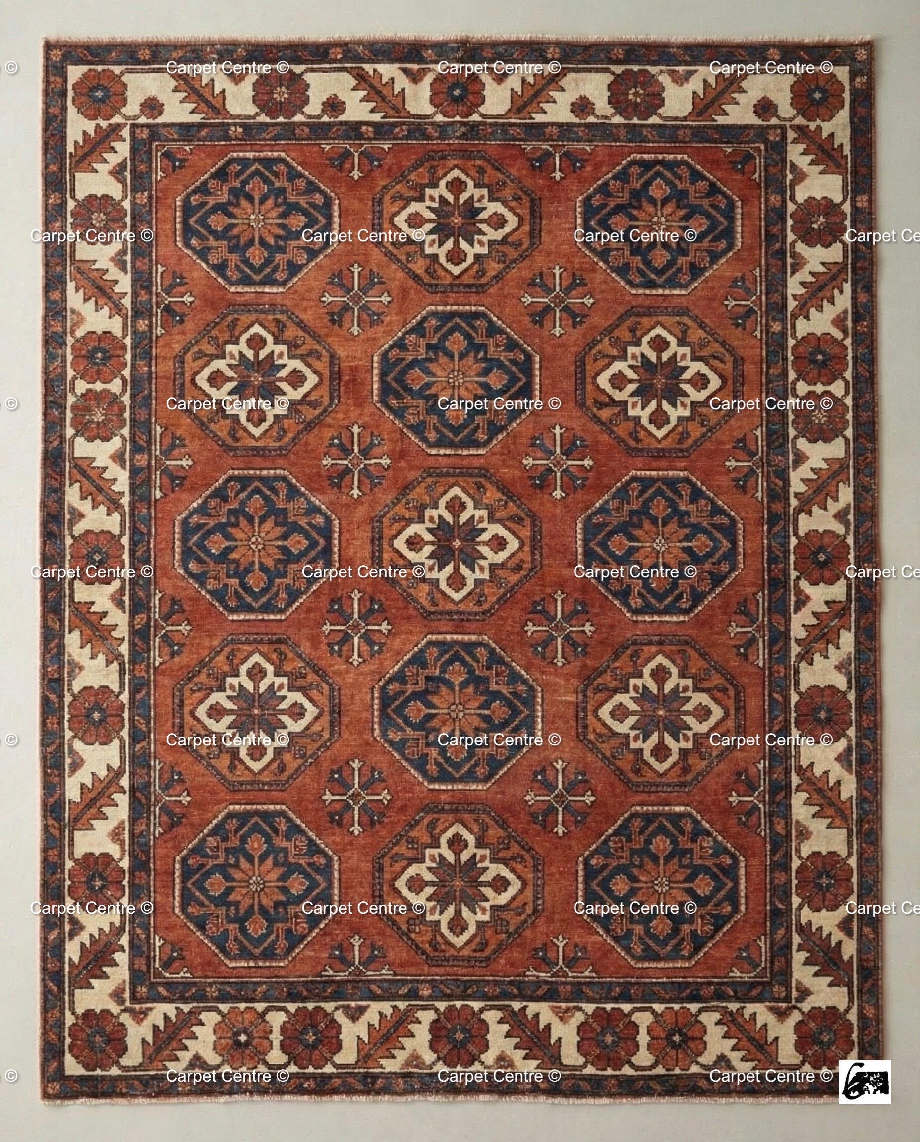 Hand Knotted Wool Oushak Rug, Terracotta Rust & Navy Geometric Carpet