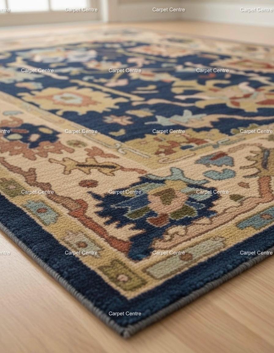 Navy Blue Oushak Wool Rug | Hand-Knotted Medallion Carpet