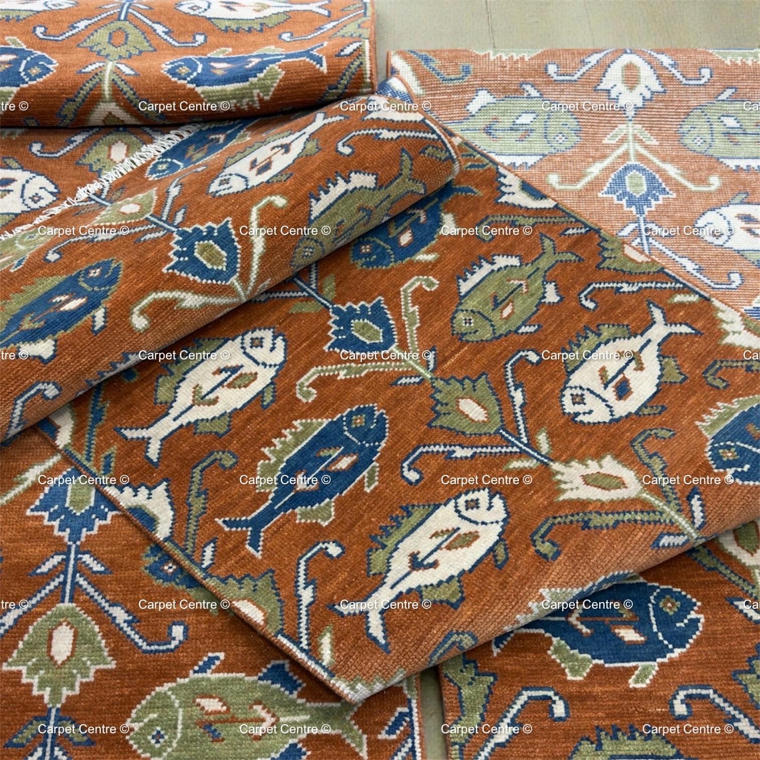 Hand-Knotted Turkish Oushak Runner Rug, Rust Fish Vintage Hallway Decor