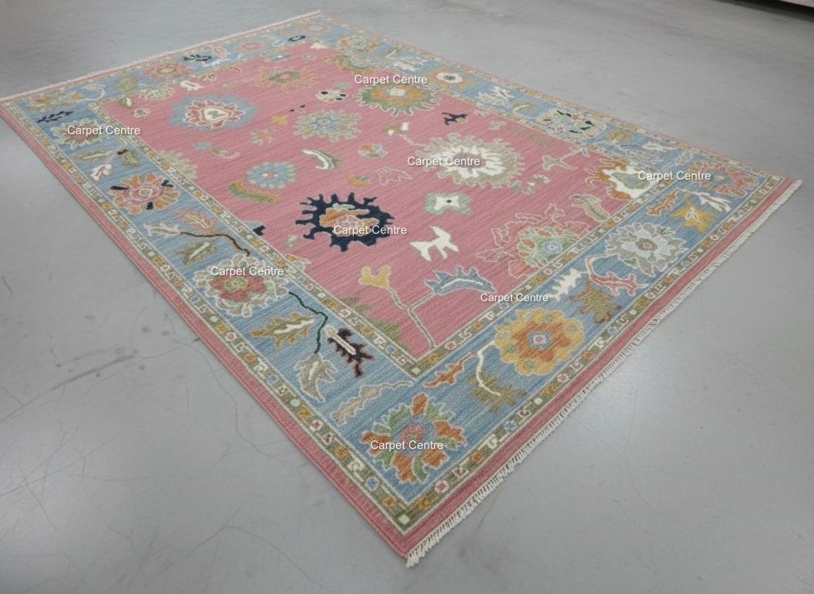 Hand-Knotted Oushak Wool Rug | Dusty Rose Bohemian Floral
