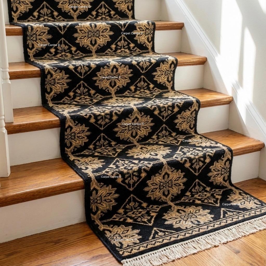 Hand-Knotted Oushak Wool Runner Rug, Black Geometric Design Hallway Entryway Carpet