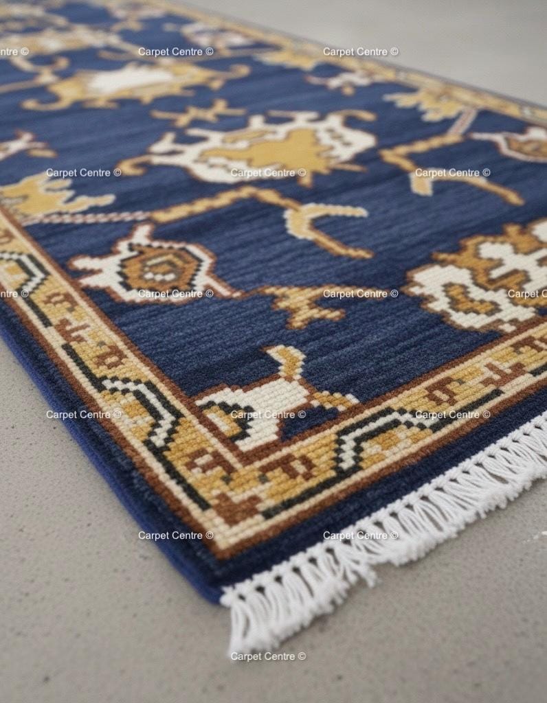Navy Blue Oushak Runner Rug, Hand-Knotted Wool, Geometric Persian Style