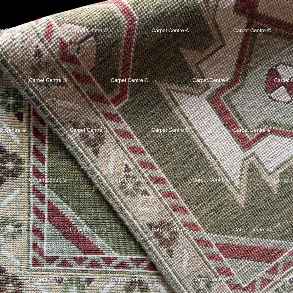 Hand-Knotted Wool Oushak Runner Rug, Olive Green Geometric Design