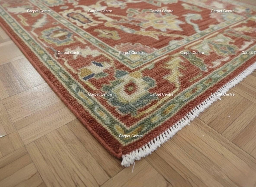 Hand-Knotted Terracotta Wool Runner Rug, Oushak Heriz Style, 2x10